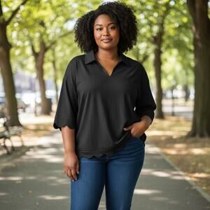 NWT Jodifil Emily Echo Knit Blouse – V-Neck Polo Collar & Scalloped Hem Women’s